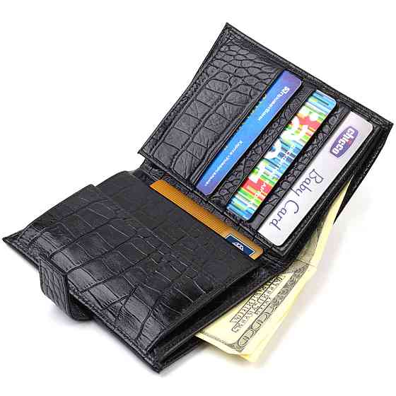 Стильний вертикальний чоловічий гаманець середнього розміру з натуральної шкіри з тисненням під крокодила CANPELLINI 21736 Чорний Київ