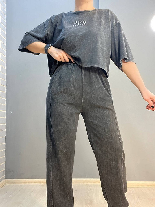 Костюм жіночий Coast Moda 4207 варений з короткою футболкою оверсайз та брюками рівними від стегна чорний, чорний, M Київ - фото 3