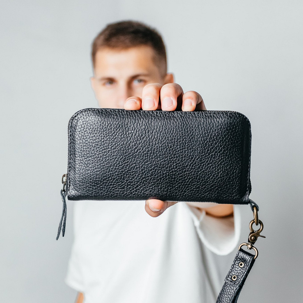 Чоловічий гаманець шкіряний, місткий гаманець із відділеннями на блискавці, Crazy Horse, чорнийMasterSem Київ - фото 1