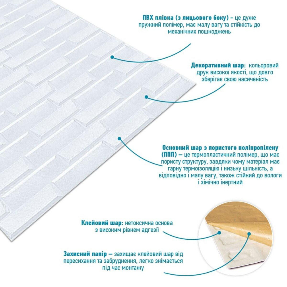 Біла самоклеюча 3D панель під цеглу Київ - фото 3