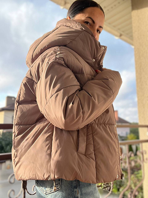 Куртка жіноча Lady Yep 9068 оверсайз укорочена напис попереду з капюшоном one size, капучино, one size Київ - фото 5