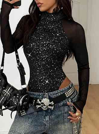 Боди с прозрачным рукавом и блестками М черный Киев