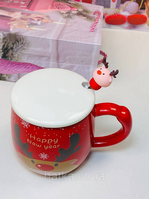 Кухоль з кришкою і ложкою керамічна новорічна Olens "Веселий олень" 370 мл 102-1087 Київ - фото 4