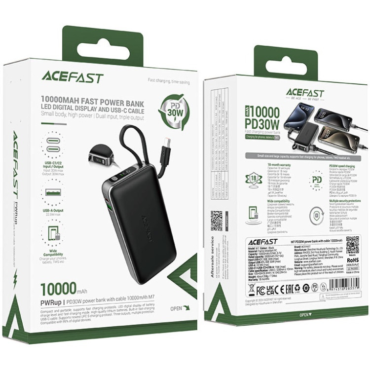 УМБ Acefast 10000mAh 30W PD USB-A,USB-C In/Out, with built-in USB-C cable M7 Black Винница - изображение 4