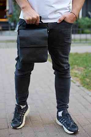 Кожаный мессенджер для мужчины 23х19х7, борсетка через одно плечо, сумка для документов, черная Киев