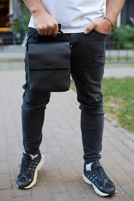 Кожаный мессенджер для мужчины 23х19х7, борсетка через одно плечо, сумка для документов, черная Киев - изображение 6