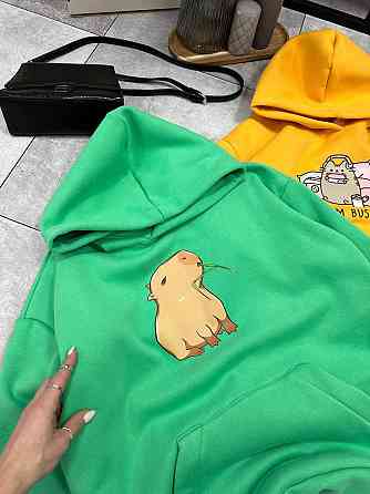 Женское уютное теплое худи оверсайз с милым принтом трехнитка Тедди + трехнитка с начесом пенье Зеленый Одесса