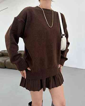 Женский вязаный костюм свитер оверсайз и стильная юбочка 70% Акрил 30% котон Шоколад Одесса