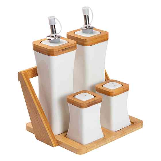 Yiwu Набір для спецій порцелянаовий 4 предмети на бамбуковій підставці HP-1221 Київ
