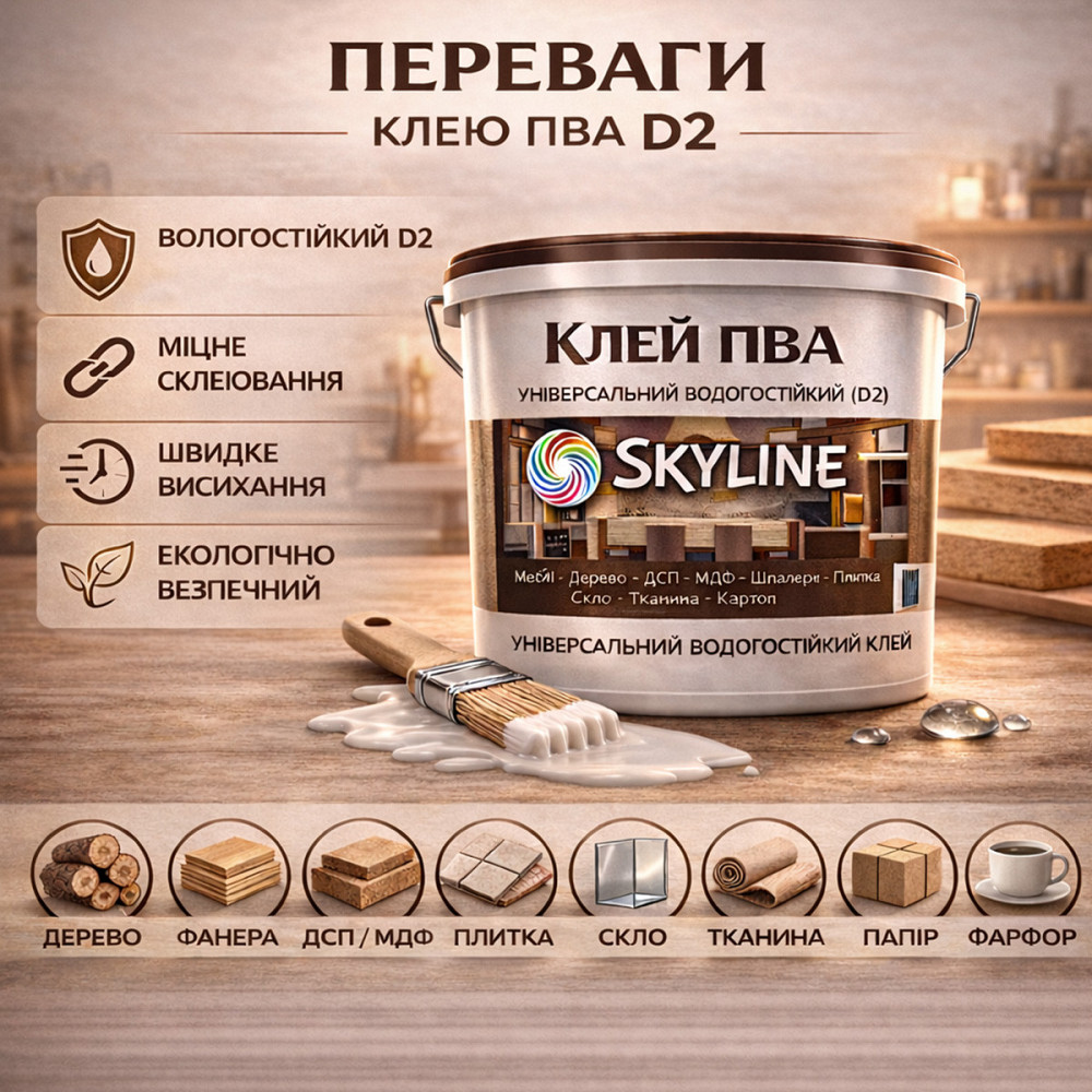 Клей ПВА D2 водостійкий SkyLine 1 кг — універсальний столярний клей для дерева, ДСП, МДФ і меблів Харків - фото 6