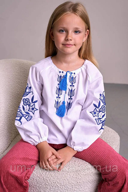 Дитяча вишиванка з синьою вишивкою Пташки в квітах 98-110 Кривий Ріг - фото 3