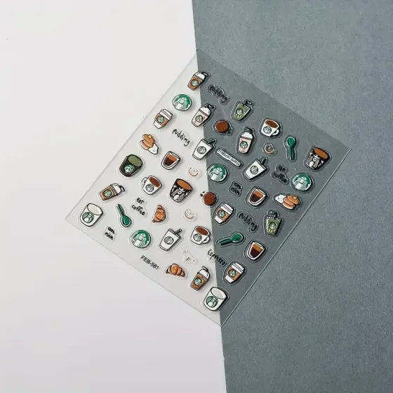 3D стікери для манікюру “Кава та десерти” – об’ємні наклейки з чашками та солодощами Київ