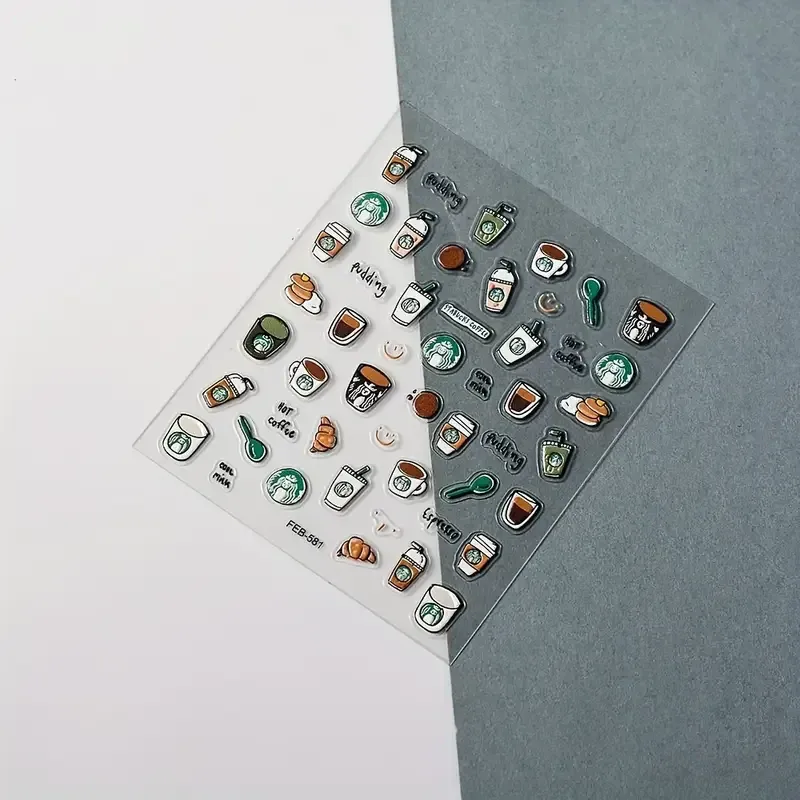 3D стикеры для маникюра «Кофе и десерты» – объемные наклейки с чашками и сладостями Киев - изображение 3