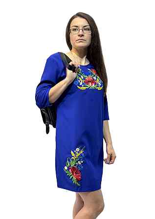 Синее насыщенное вышитое женское платье с неповторимой вышивкой цветами «Мак - василек» 50 Киев