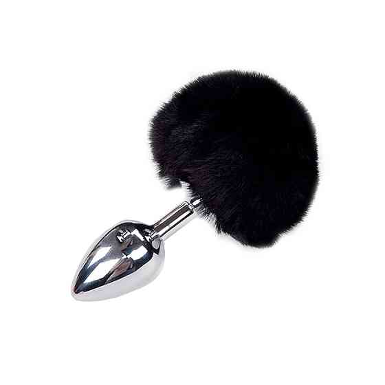Металева анальна пробка Кролячий хвостик Alive Fluffy Plug M Black, діаметр 3,4 см Sex Aura Київ