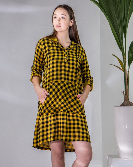 Жіноча туніка з капюшоном в клітку Nicoletta 92140 Гірчичний, S Київ - фото 1