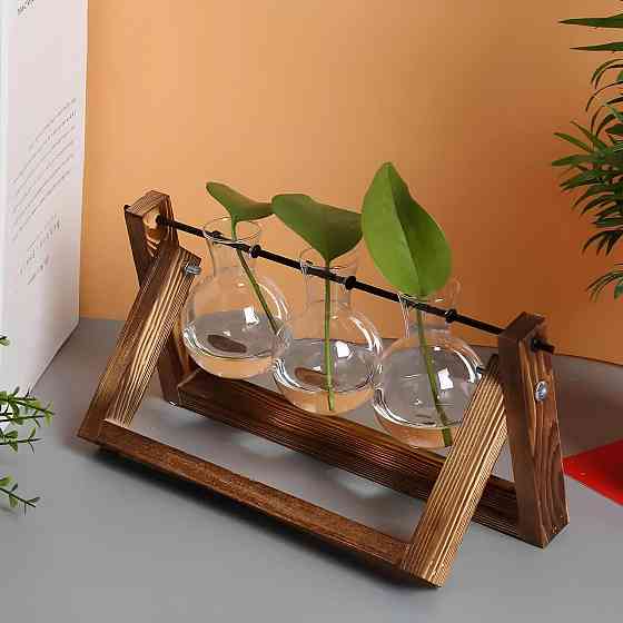 Декоративная ваза RESTEQ с тремя стеклянными колбами на деревянной подставке — стильный аксессуар для цветов и растений Киев
