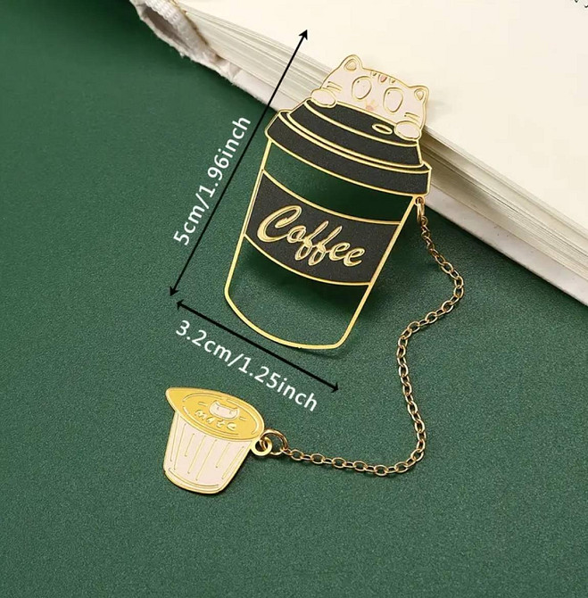 Металева закладка для книги «Кіт з кавою» з ланцюжком Київ - фото 2