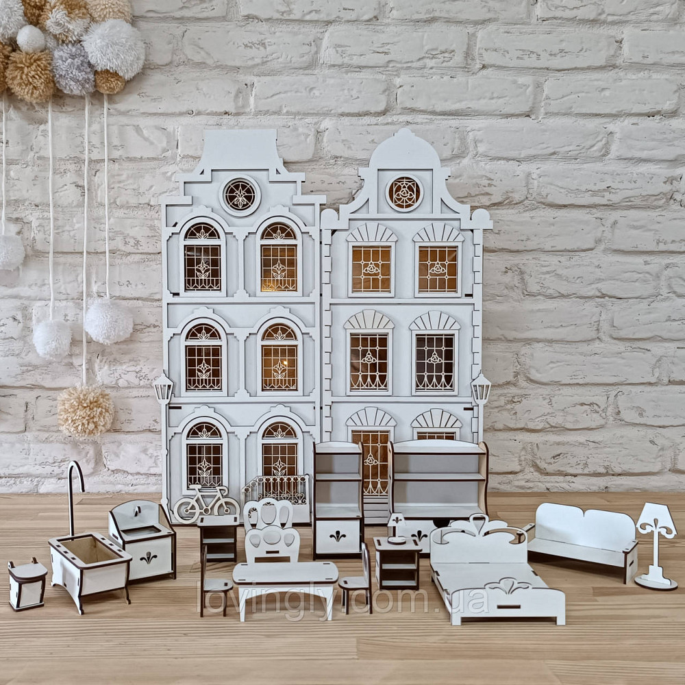 Ажурний ляльковий будиночок 45 см з повним набором меблів 16 одиниць. Ірпінь - фото 1