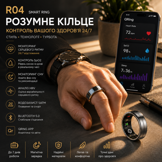 Розумне кільце R04 Smart Ring QRing | Моніторинг пульсу, SpO₂, сну, HRV, стресу, 5ATM, Bluetooth, до 7 днів автономності Київ