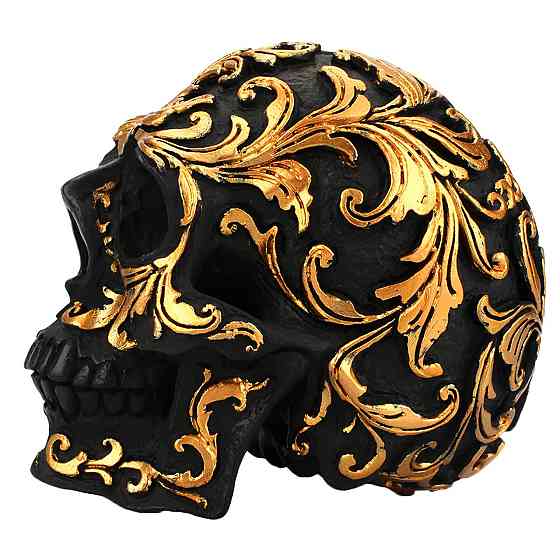 Декоративный черный череп RESTEQ с золотыми узорами — интерьерная статуэтка из ПВХ для дома, офиса, бара или Хэллоуина Киев