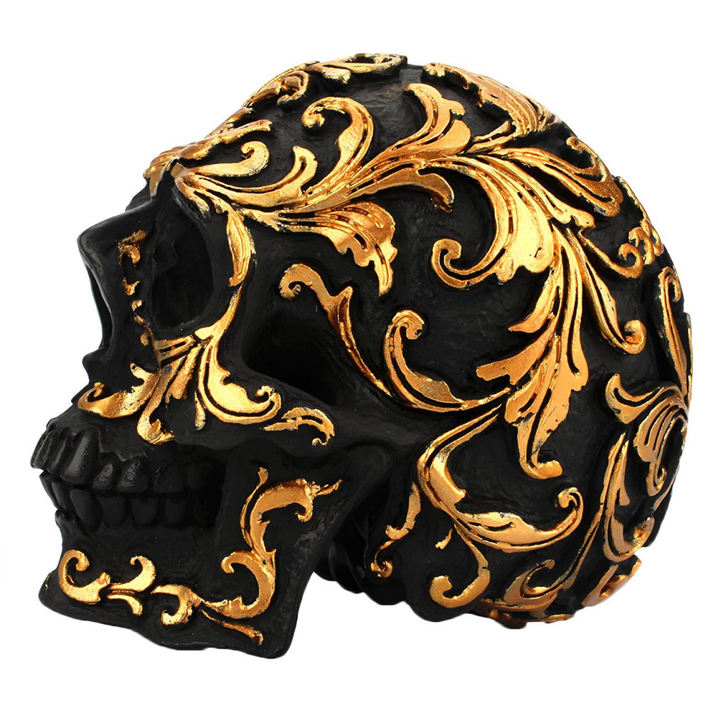 Декоративный черный череп RESTEQ с золотыми узорами — интерьерная статуэтка из ПВХ для дома, офиса, бара или Хэллоуина Киев - изображение 4