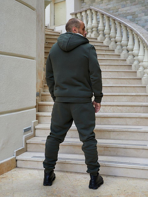 Мужской теплый костюм двойка трехнитка на флисе с мехом овчины Хаки, 46 Одесса - изображение 3