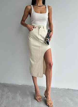 Женская трендовая юбка-миди с разрезом по ножке из натуральной ткани 100% лен 46 Одесса