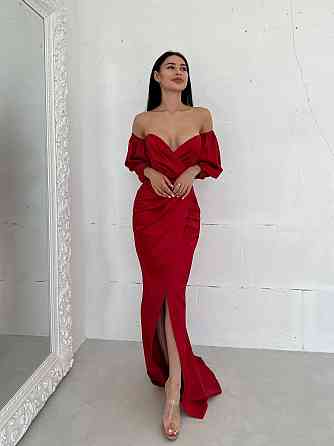 Женское роскошное вечернее платье со шлейфом и съемными рукавами из королевского атласа Красный, M Одесса