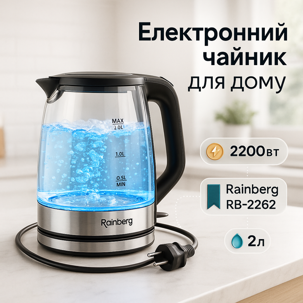 Чайник електричний з індикатором температури Rainberg RB-2262 2л 2200Вт, Електрочайник стильний JA-63 Львів - фото 9
