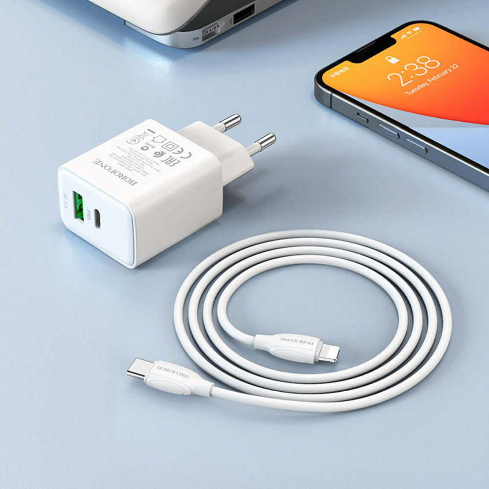 Мережевий зарядний пристрій BOROFONE BA67A PD20W+QC3.0 charger set(Type-C to iP) White Київ - фото 3