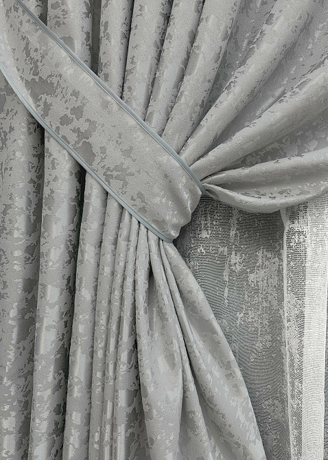 Комплект штор VR-Textil Льон Мармур 150х270 2шт і Тюль 600х270 1263ш-1400т Світло-сірий з білим 71-133/5 Київ - фото 4
