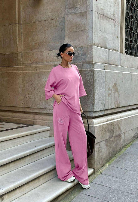 Женский прогулочный костюм двойка: кофта и штаны со стразами коттон 46, Розовый Одесса - изображение 1