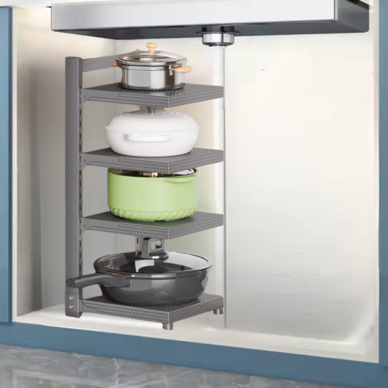 Полка-подставка для кастрюль кухонная четырехуровневая из углеродистой стали с четырьмя съёмными полками ,сера Каменец-Подольский