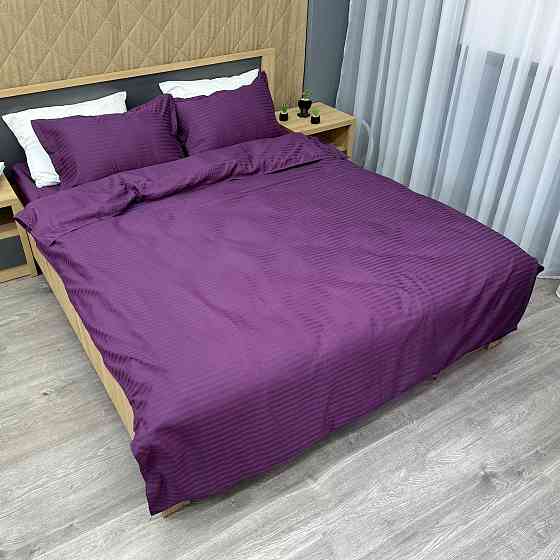 Комплект постельного белья Страйп-сатин Двуспальный 180х220 с простыней на резинке Баклажановый (88-088) Киев