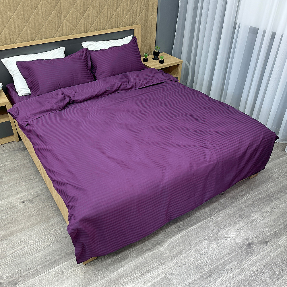 Комплект постельного белья Страйп-сатин Двуспальный 180х220 с простыней на резинке Баклажановый (88-088) Киев - изображение 2