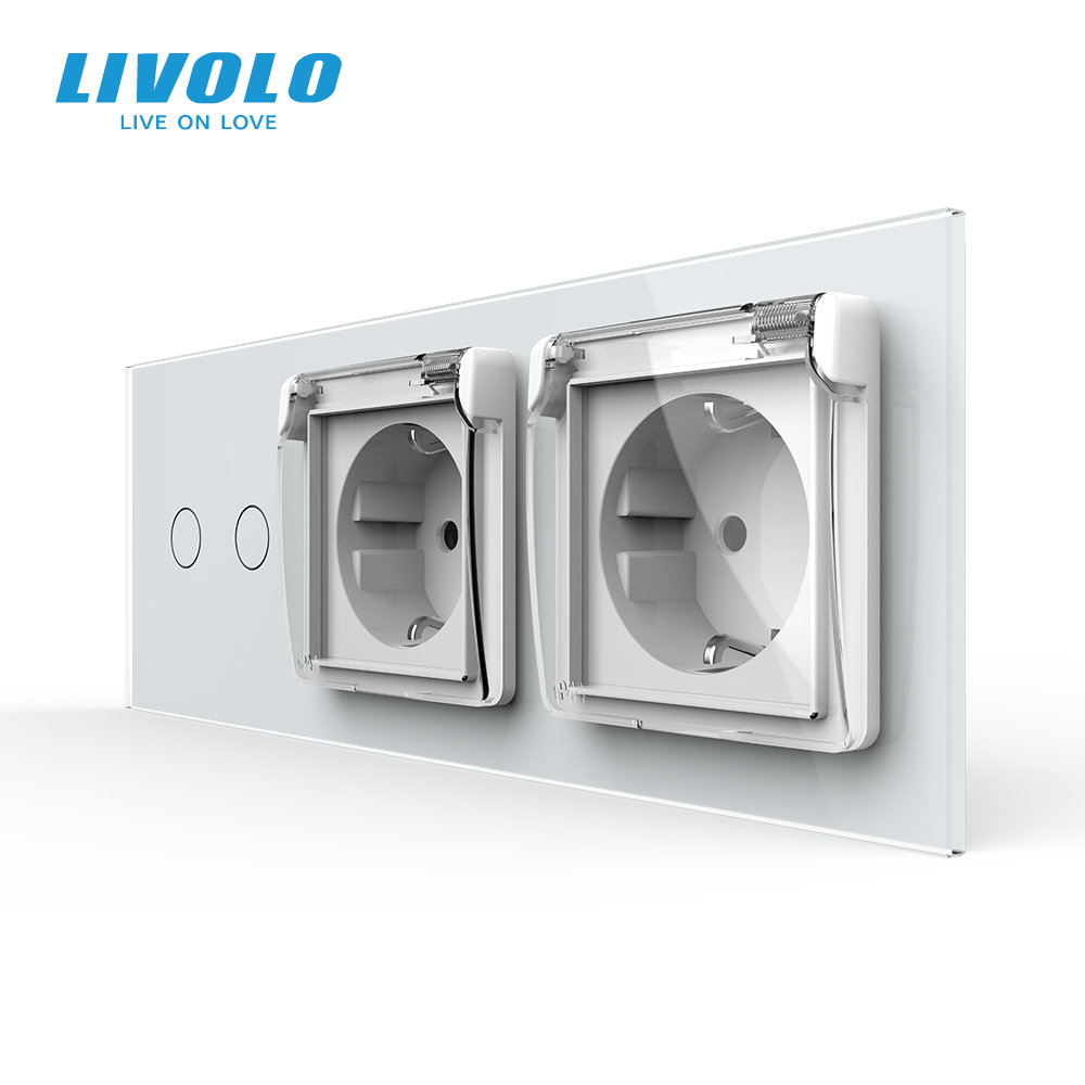 LIVOLO Сенсорний вимикач на 2 сенсори + подвійна розетка вологозахисна з кришкою IP44, з заземл Коломия - фото 1