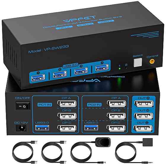 KVM-перемикач 8K @ 60Hz DisplayPort для 2 ПК і 3 моніторів, USB 3.0, 4 порти, підтримка Multi-Screen Київ