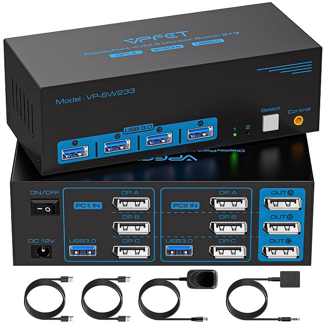 KVM-переключатель 8K @ 60Hz DisplayPort для 2 ПК и 3 мониторов, USB 3.0, 4 порта, поддержка Multi-Sc Киев - изображение 1