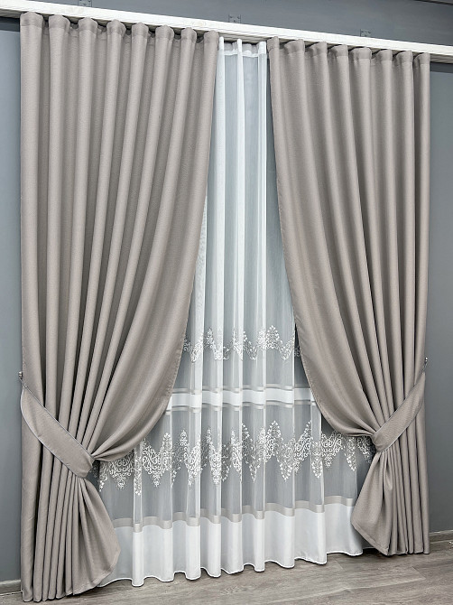 Комплект штор VR-Textil Льон Мішковина 200х270 2шт і Тюль 500х270 867ш-1708т Світло-сірий з білим 71-181/6 Київ - фото 2