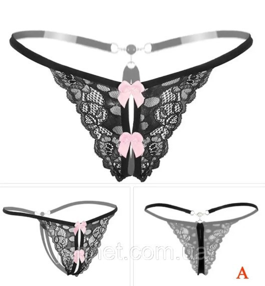 Еротичні трусики жіночі з мереживом чорні - розмір універсальний, резинка до 85см Київ - фото 1