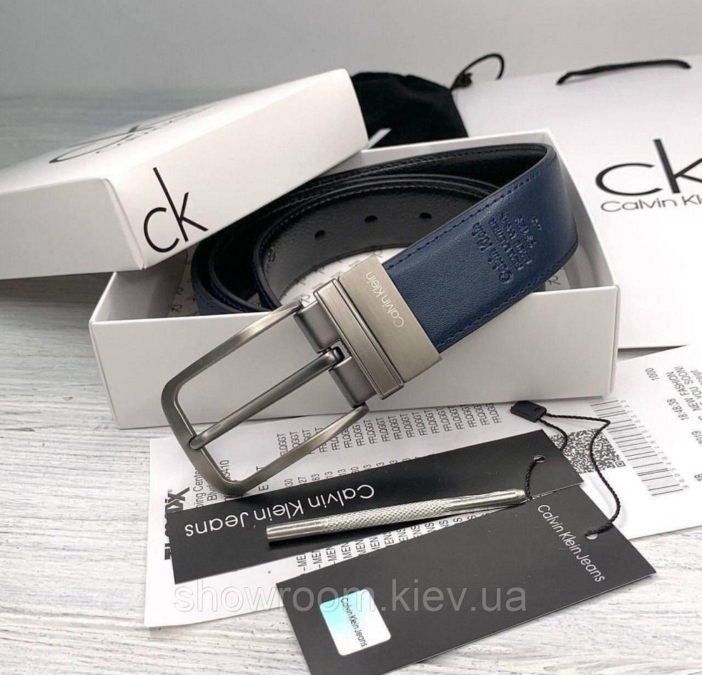 Двосторонній шкіряний ремінь у подарунковій упаковці (453) чорний/синій Київ - фото 3