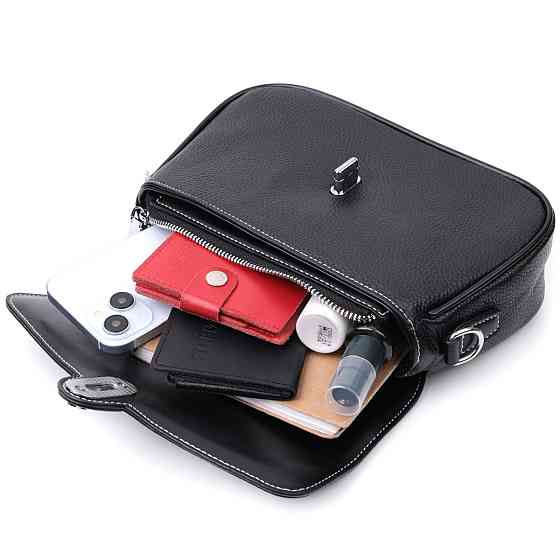 Елегантна сумка жіноча з фактурним клапаном з натуральної шкіри Vintage 22624 Чорна Київ