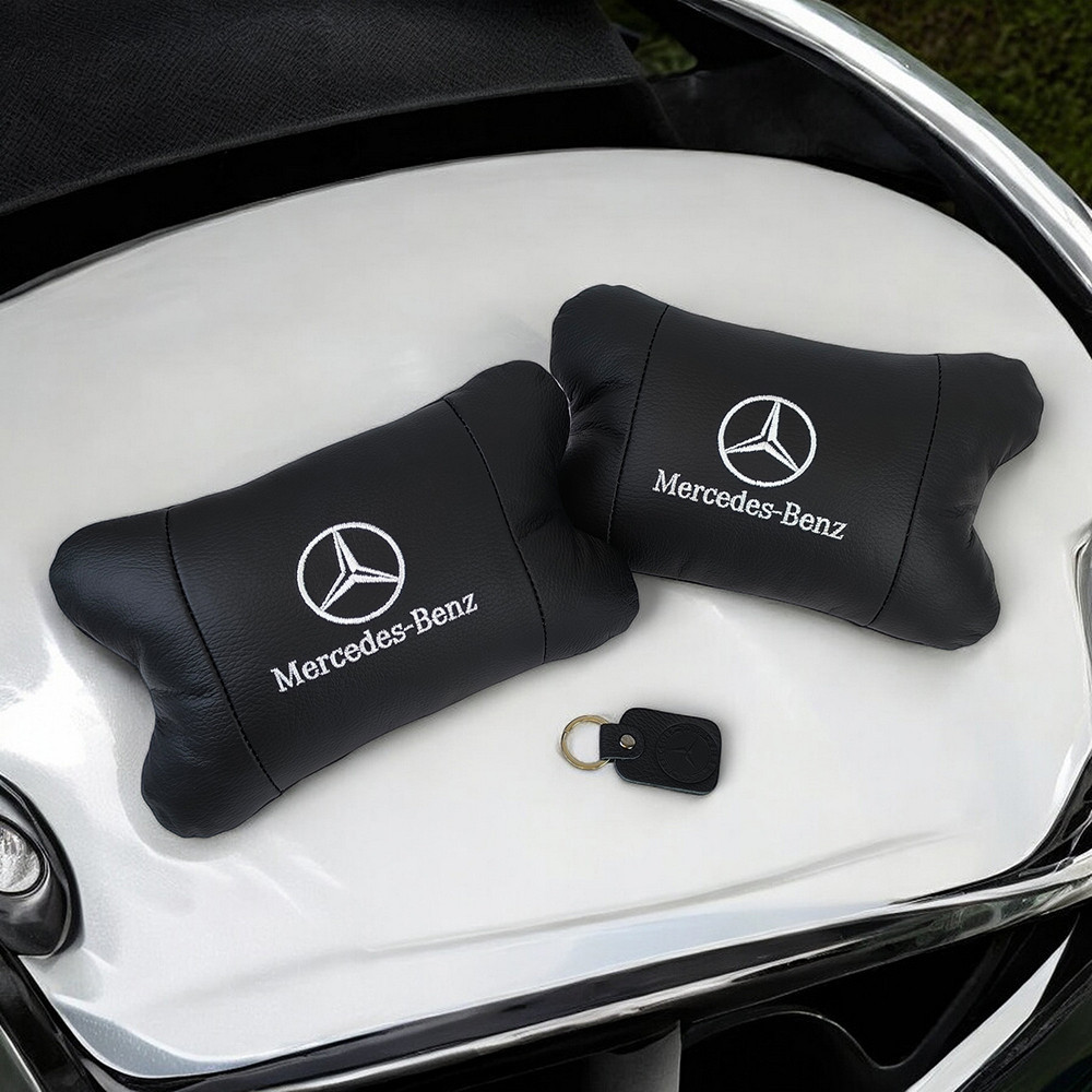 Набір автоподушок 2шт на підголівник  Mercedes з натуральної шкіри чорні + брелок у подарунок Київ - фото 7