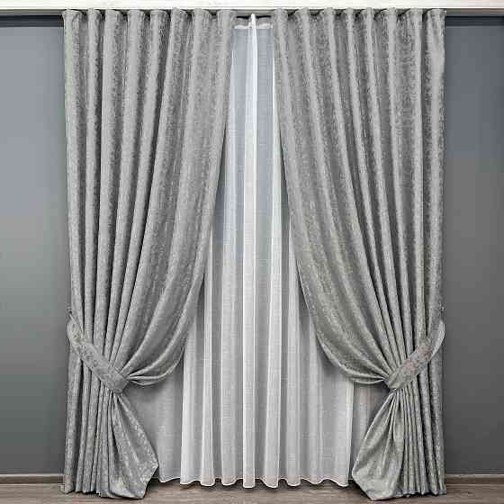 Комплект штор VR-Textil Льон Мармур 200х270 2шт і Тюль 500х270 1263ш-115т Світло-сірий з білим 71-125/6 Київ