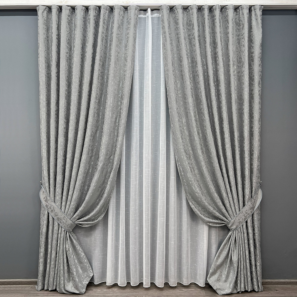 Комплект штор VR-Textil Льон Мармур 200х270 2шт і Тюль 500х270 1263ш-115т Світло-сірий з білим 71-125/6 Київ - фото 1