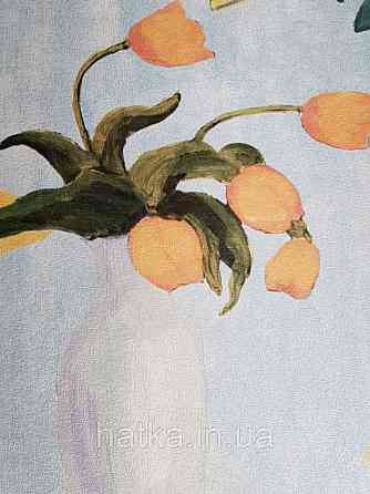 Шпалери вінілові Decoprint Breeze квіти у вазі помаранчеві червоні зелені на блакитному акварель 0.53х10 м Київ