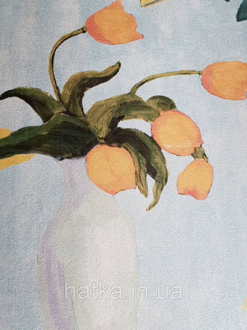 Шпалери вінілові Decoprint Breeze квіти у вазі помаранчеві червоні зелені на блакитному акварель 0.53х10 м Київ - фото 4