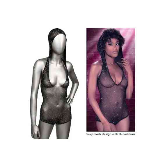 Боді-сітка в стразах із капюшоном CalExotic Hooded Deep V Bodysuit, чорний Sex Aura Київ