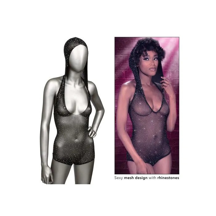 Боди-сетка в стразах с капюшоном CalExotic Hooded Deep V Bodysuit, черный Sex Aura Киев - изображение 3